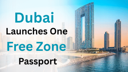 Digital graphic of Dubai’s One Free Zone Passport initiative showing city buildings with modern design and color theme #33717c, representing unified trade license across UAE free zones.