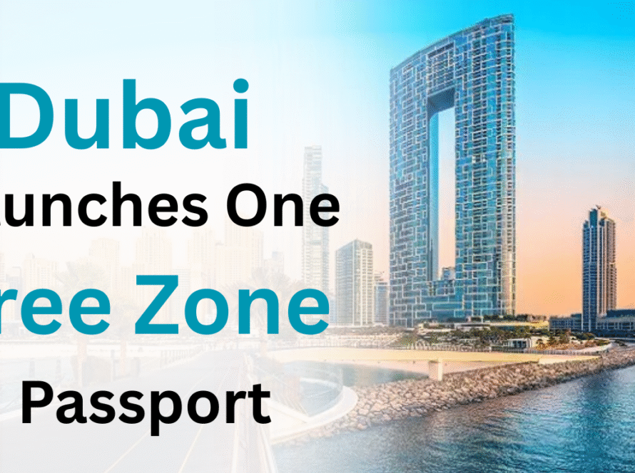 Digital graphic of Dubai’s One Free Zone Passport initiative showing city buildings with modern design and color theme #33717c, representing unified trade license across UAE free zones.